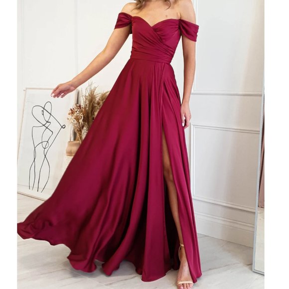 Lavetir Off Shoulder Satin Formal Dress Wine/Burgundy - Picture 8 of 9